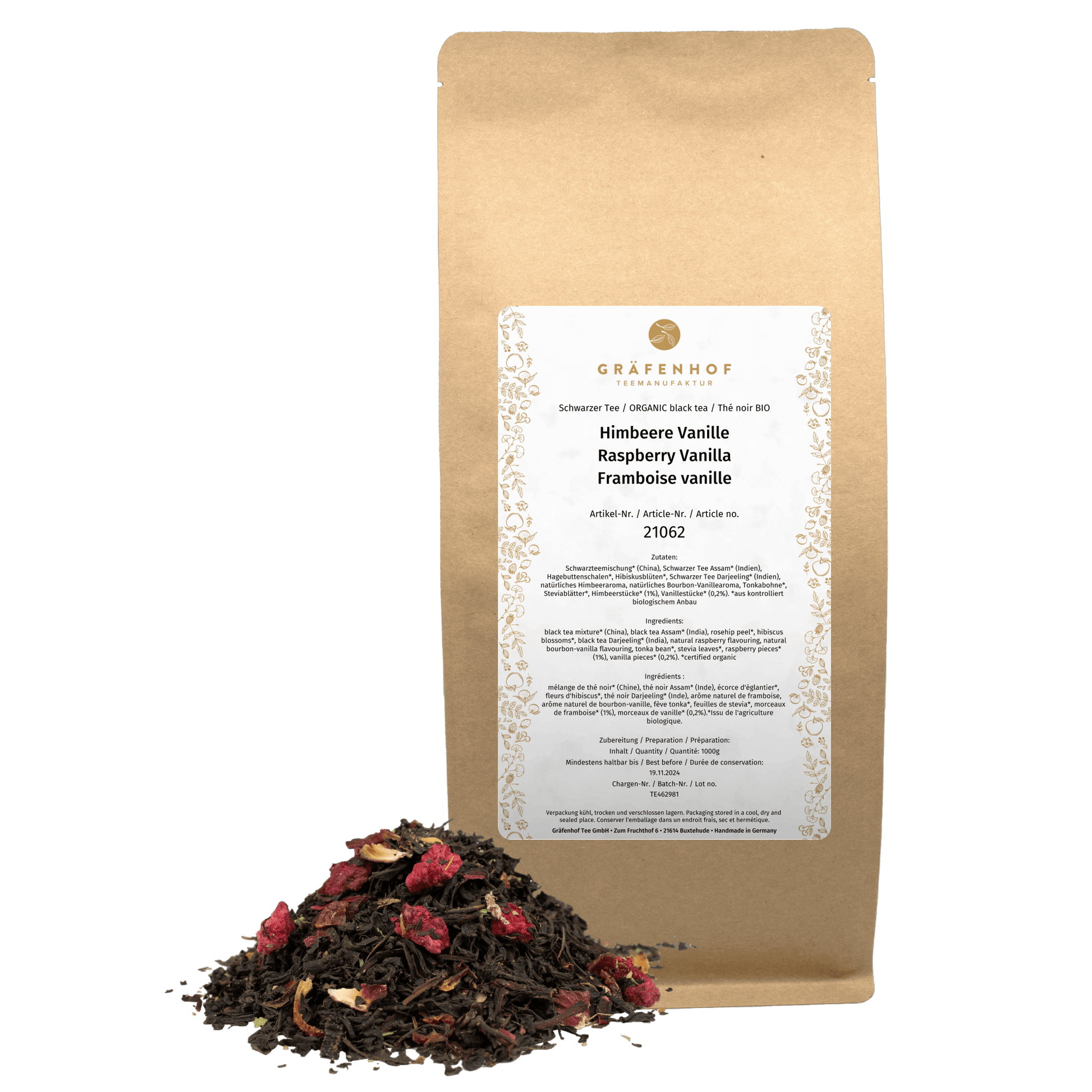 Thé noir bio à la framboise et à la vanille: délicieux mélange de thé noir  – Gräfenhof Tee